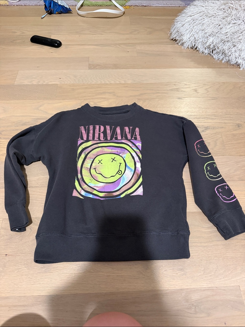 NIRVANA Black Kids Tie-Dye Smiley Face Crewneck Sweatshirt 7/8